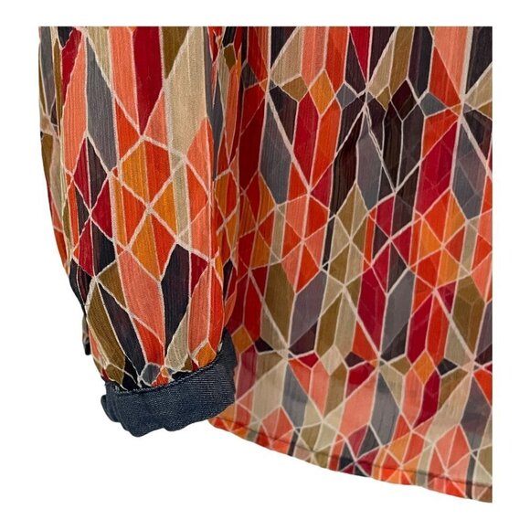 Liz Claiborne Shirt Blouse Top Semi Sheer Orange Denim Geometric Size S - Picture 5 of 6